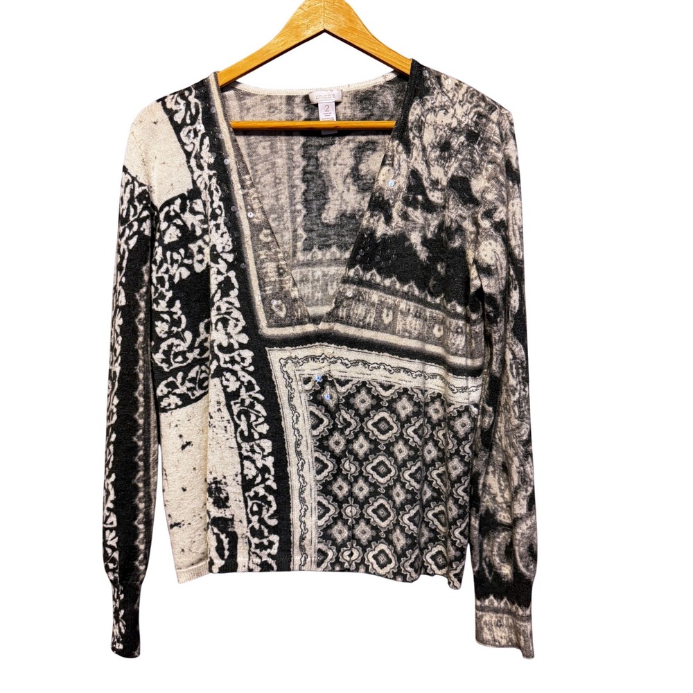 Chicos Cardigan Womens 2 Large Black White Boho Sequin Mixed Print Wool Cashmere